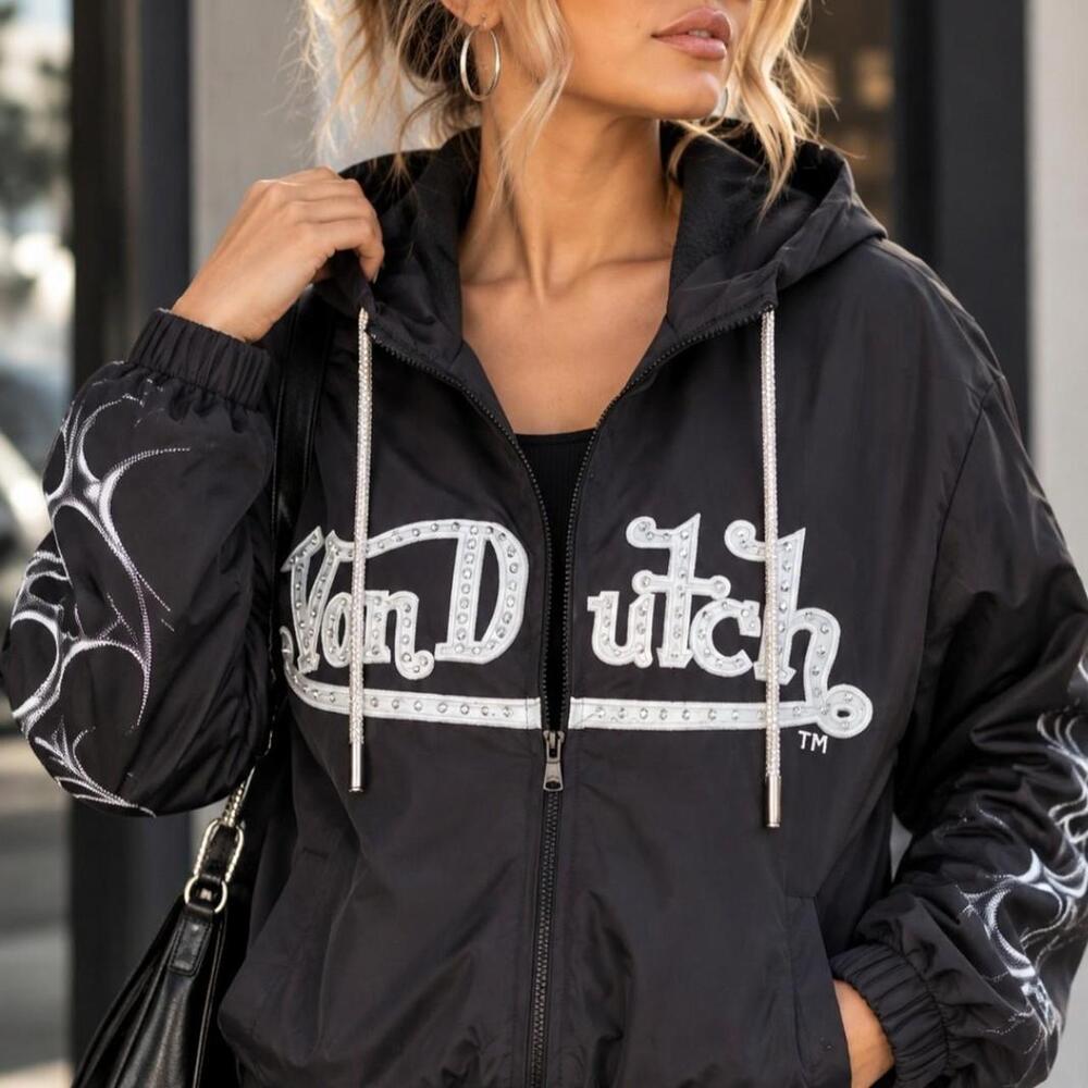 Von Dutch Black Rhinestone Logo Windbreaker Jacket Y2K Cyber Tribal NWT M